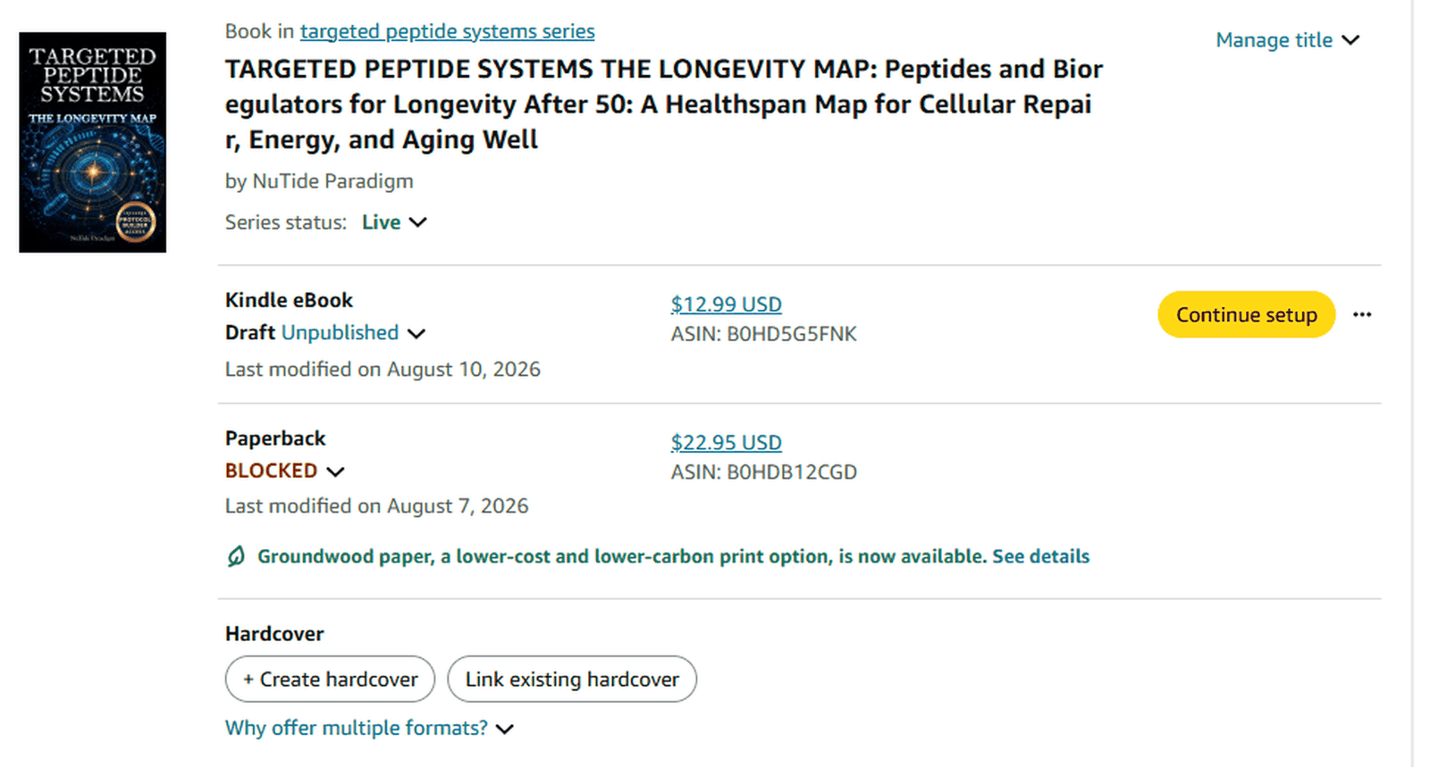 Amazon KDP Bookshelf showing the paperback of The Longevity Map marked BLOCKED and the Kindle edition unpublished